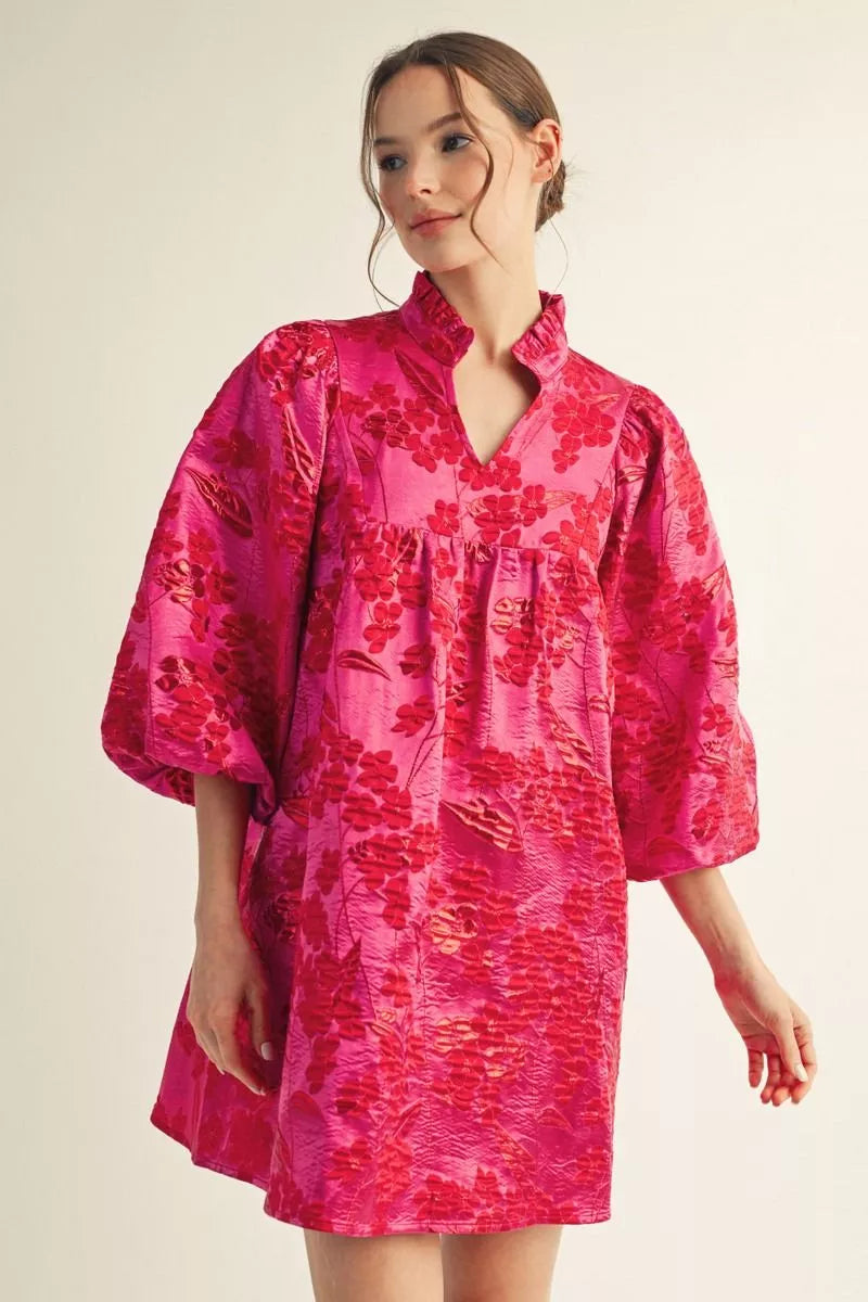 Red and Pink Floral Jacquard Dress