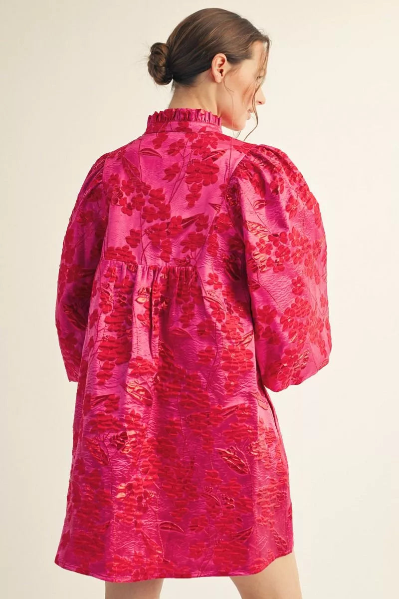 Red and Pink Floral Jacquard Dress