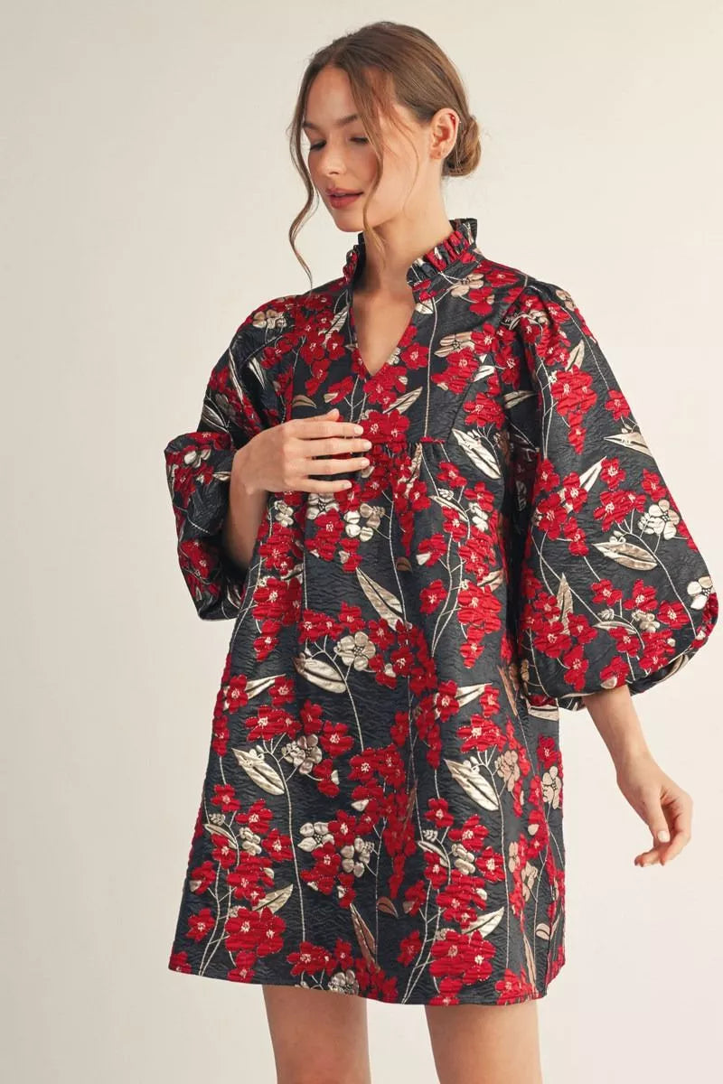Black and Red Floral Jacquard Dress