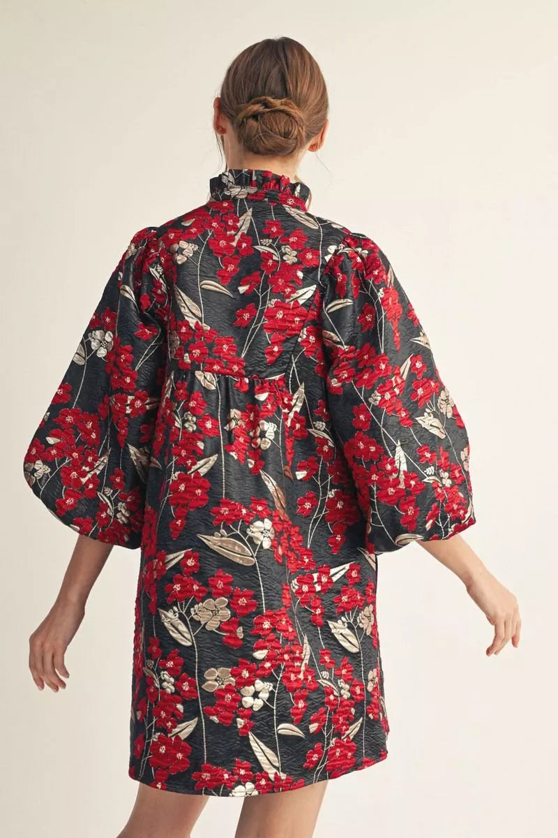 Black and Red Floral Jacquard Dress