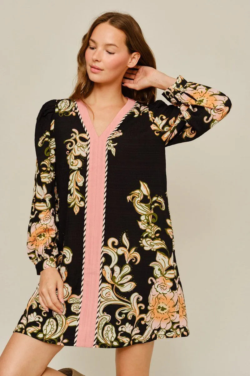 Long Sleeve Floral Dress in Black