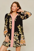 Long Sleeve Floral Dress in Black