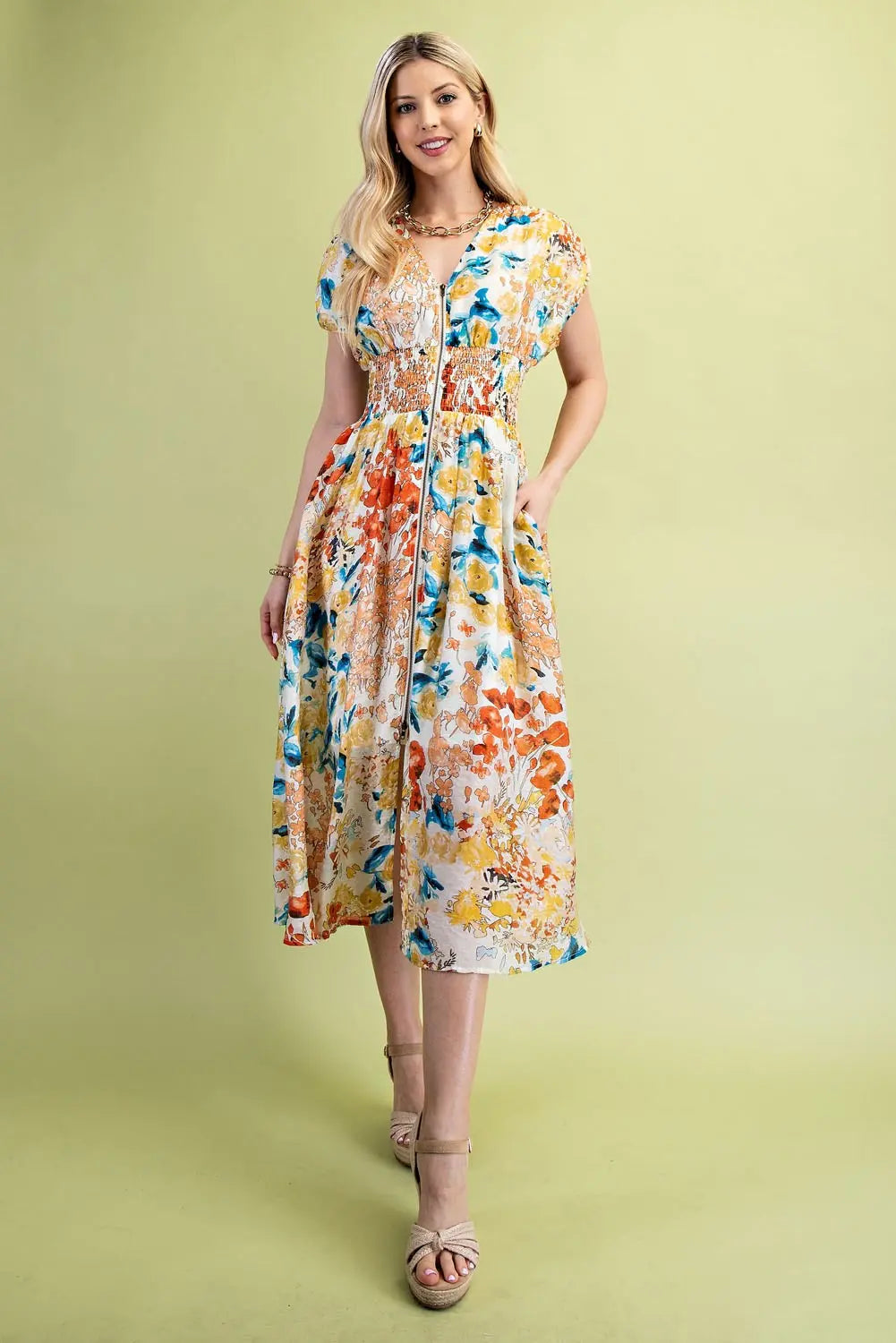 Mustard Floral Mix Midi Dress