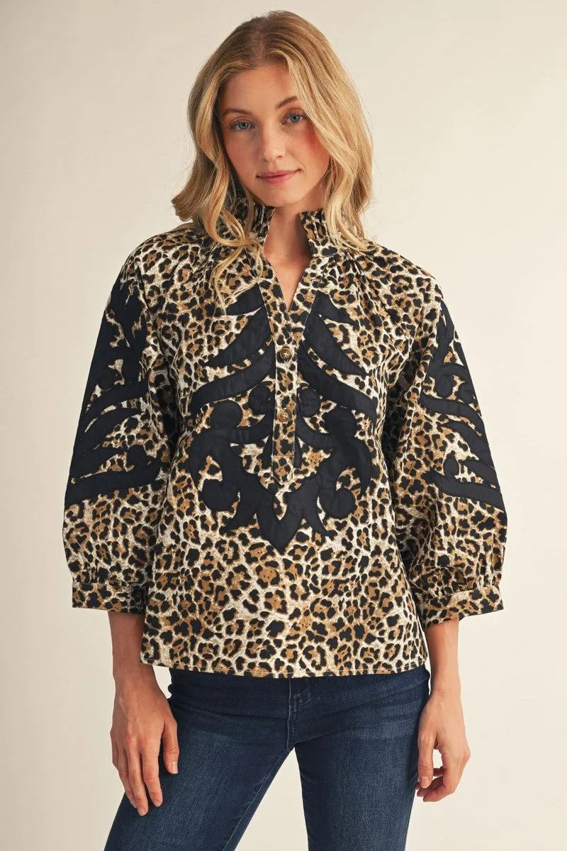 Leopard Top With Black Appliqué Detail