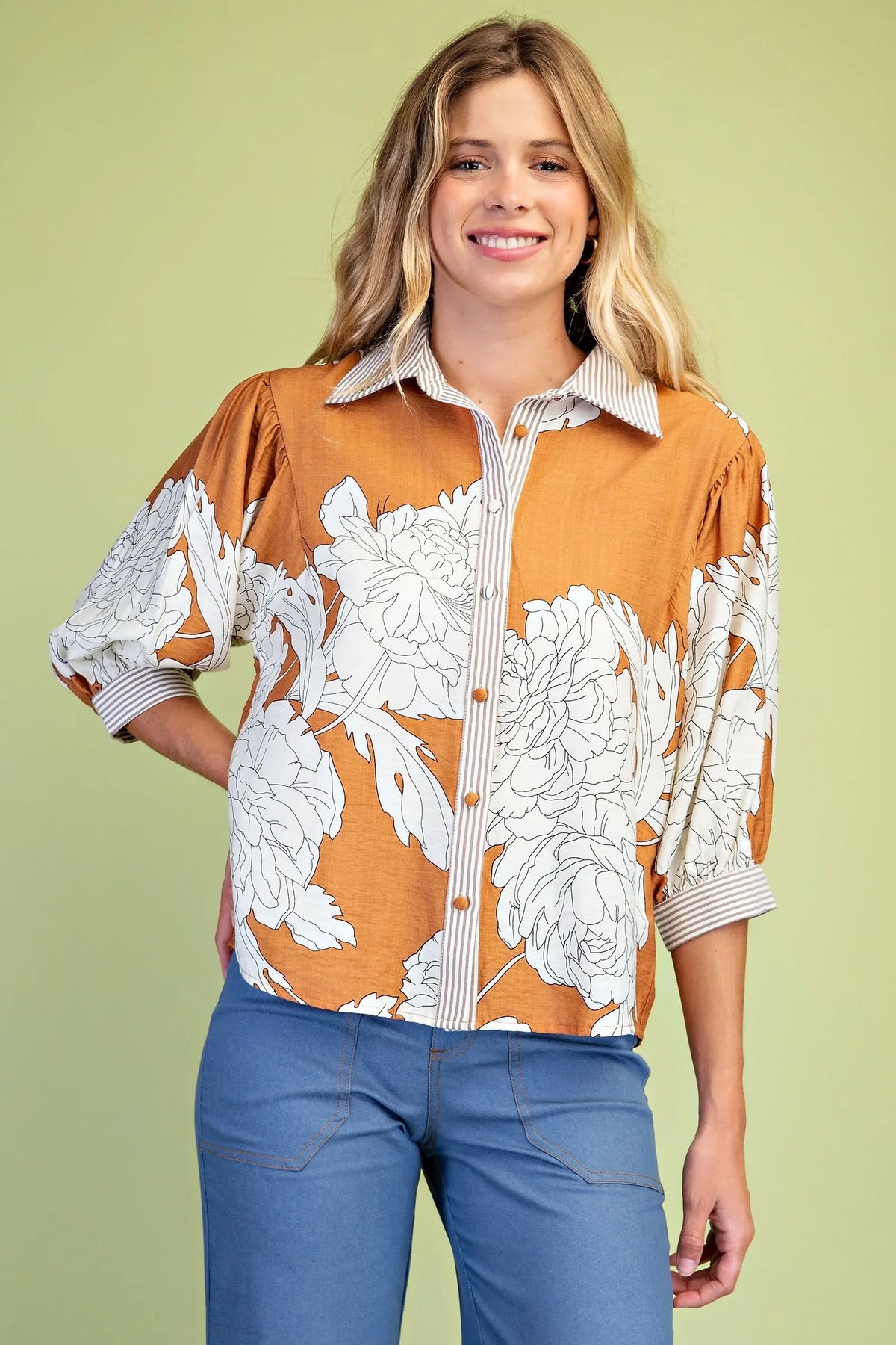 Bronze Mix Floral Print Button Down Blouse