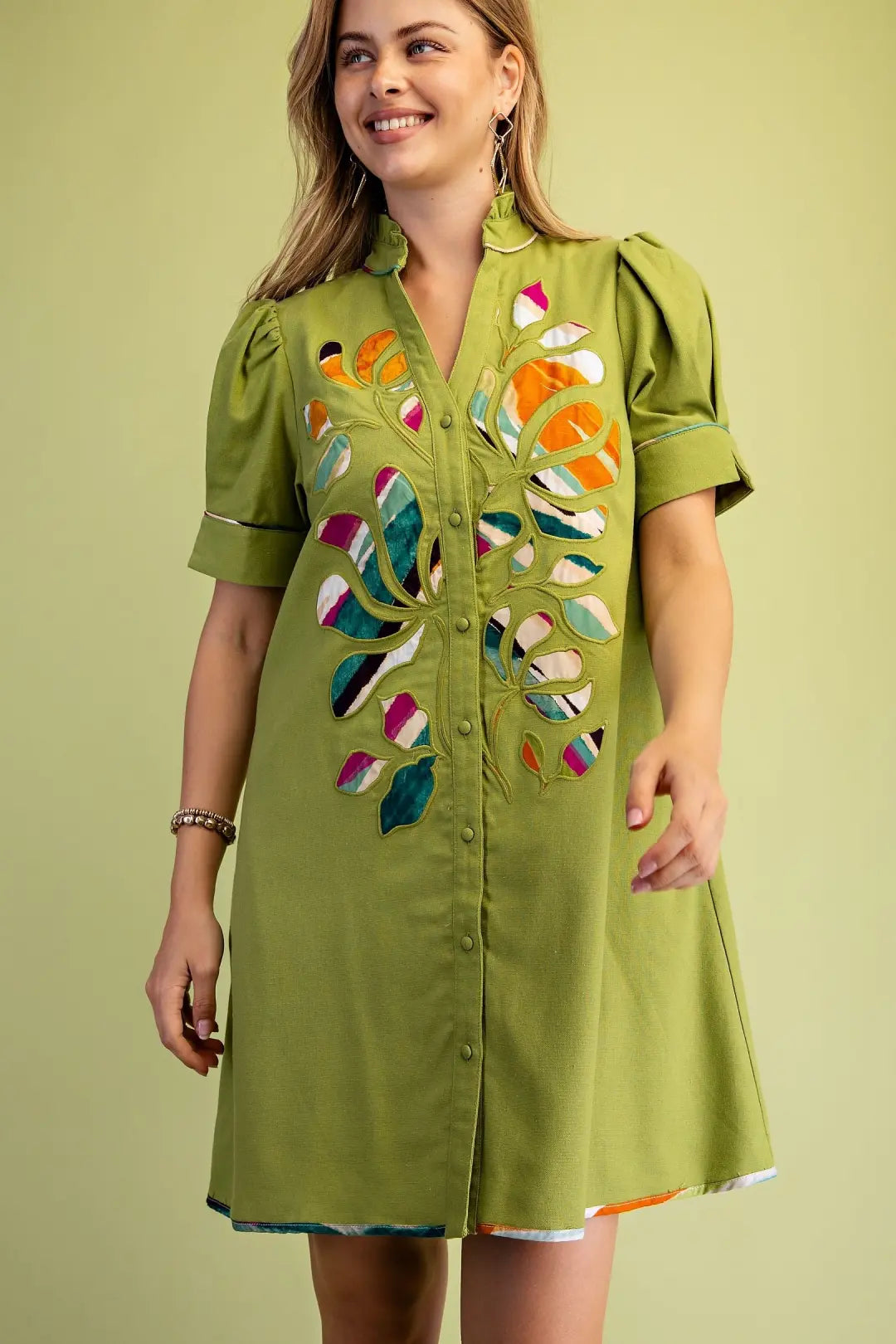 Appliqué Design Mini Dress in Matcha