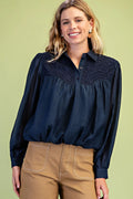 Navy Bubble Hem Long Sleeve Top