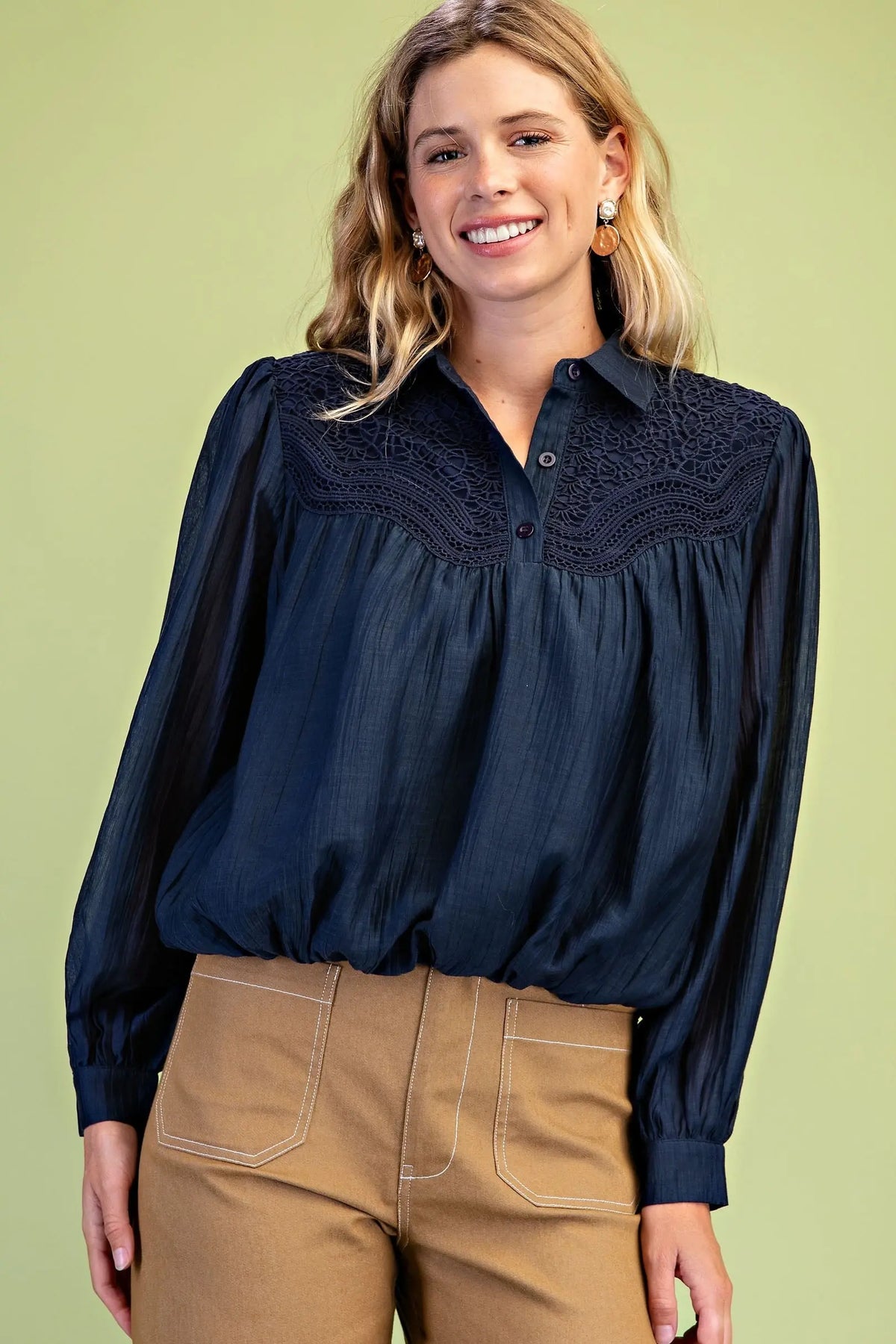 Navy Bubble Hem Long Sleeve Top