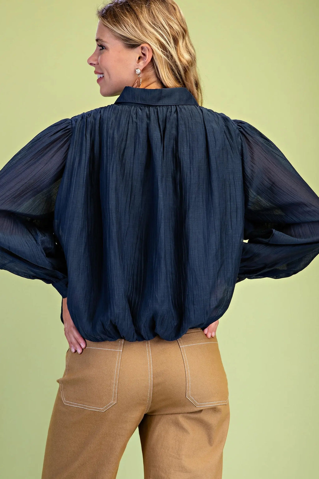Navy Bubble Hem Long Sleeve Top