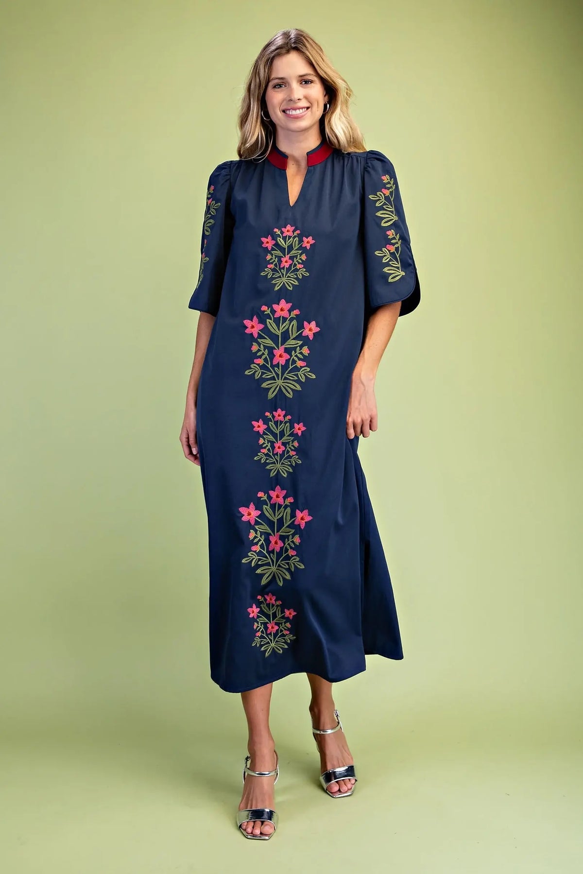 Navy Floral Embroidered Midi Dress