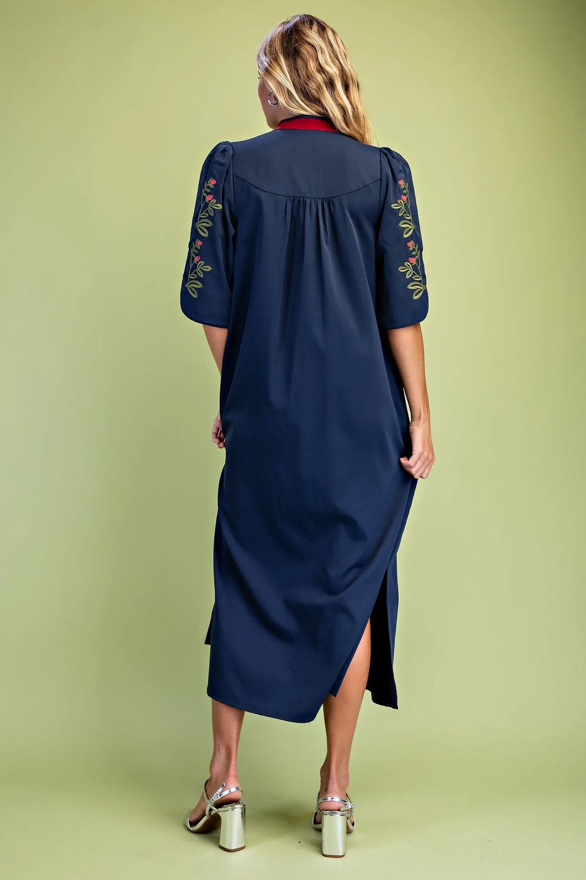 Navy Floral Embroidered Midi Dress
