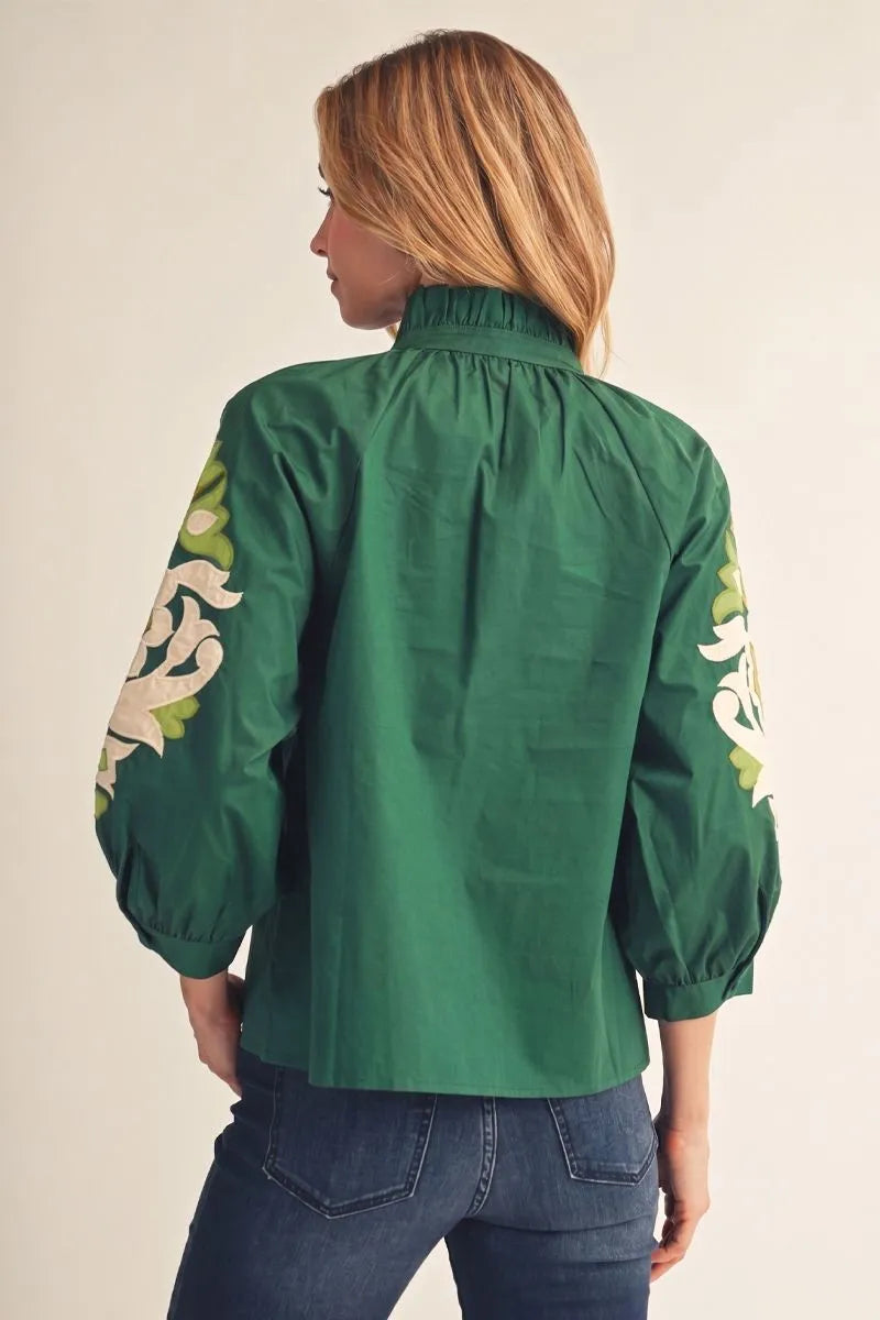 Button Up Appliqué Top in Hunter Green