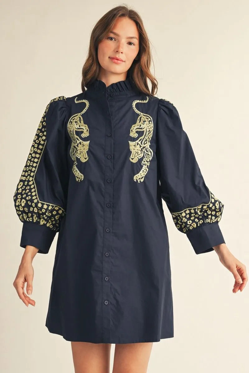 Navy Leopard Embroidered Dress