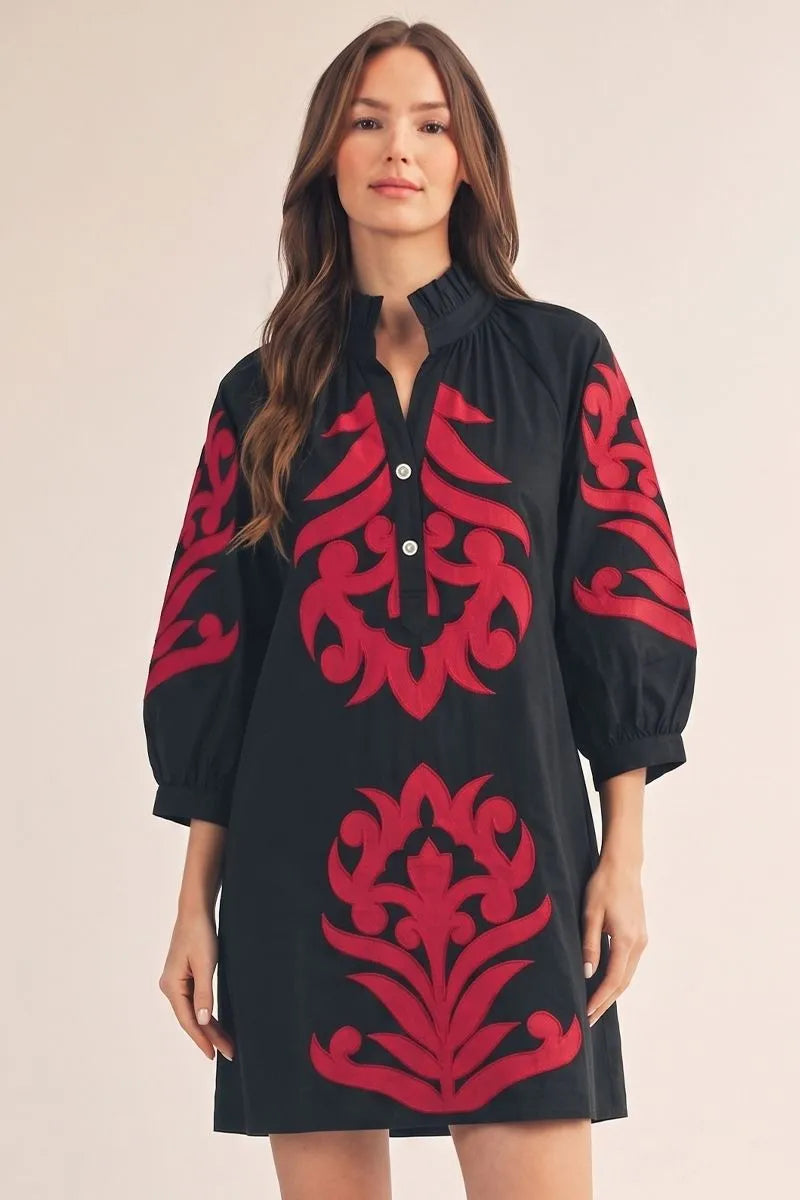 Floral Appliqué Button Up Dress