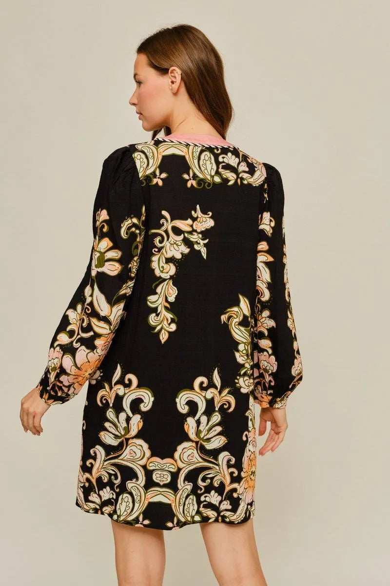 Long Sleeve Floral Dress in Black