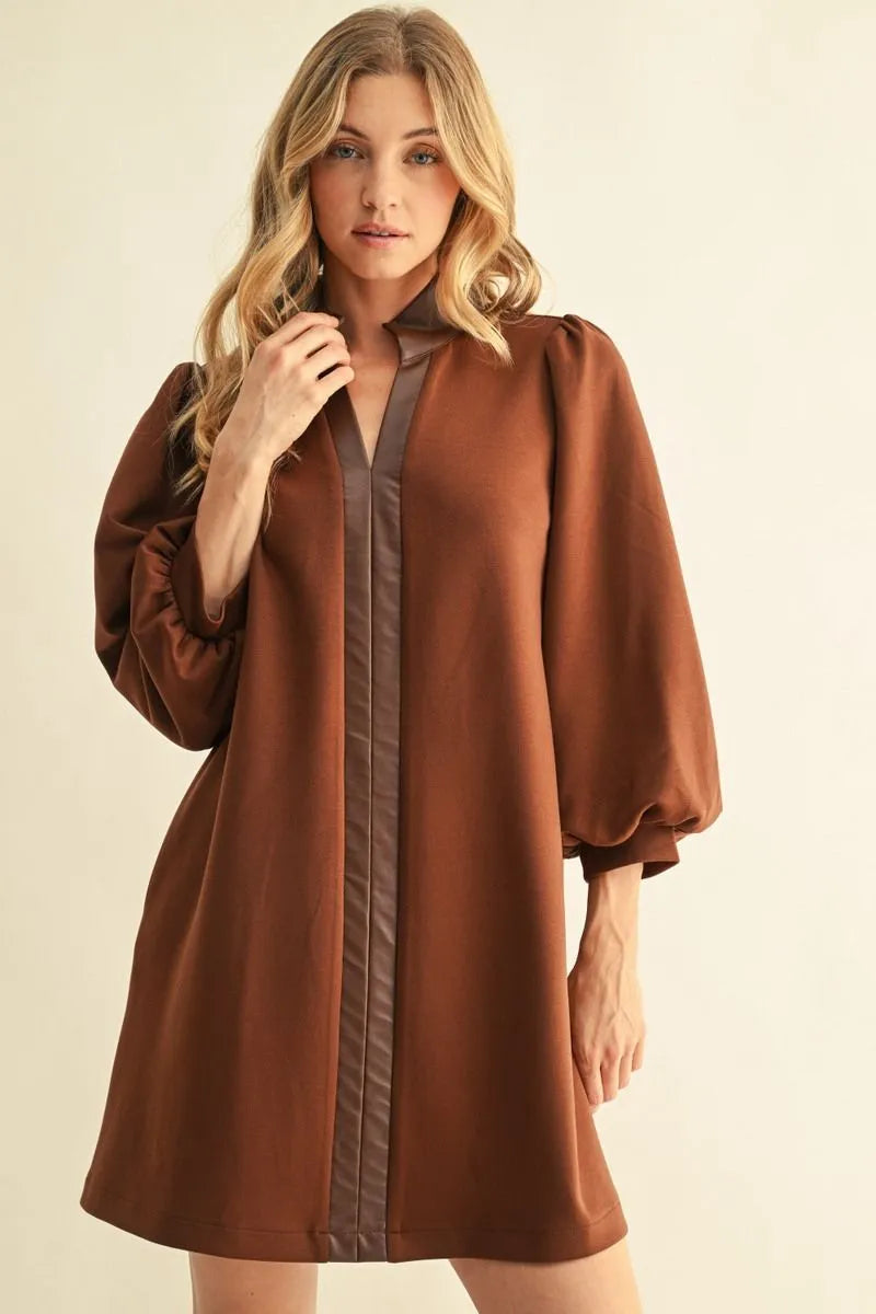 Faux Leather Puff Sleeve Dress