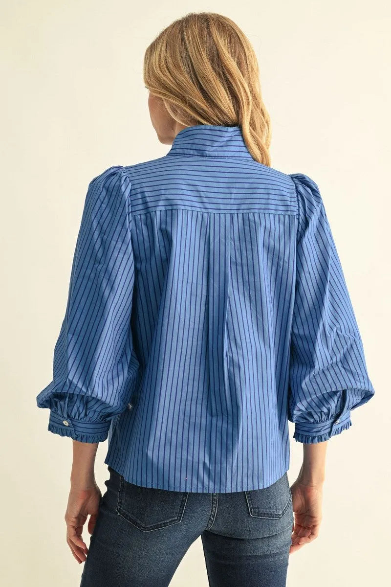 Blue Stripe Tie Neck Blouse