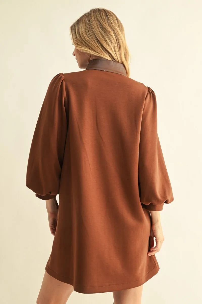Faux Leather Puff Sleeve Dress