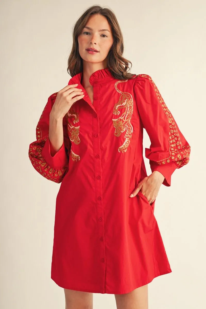 Red Leopard Embroidered Dress