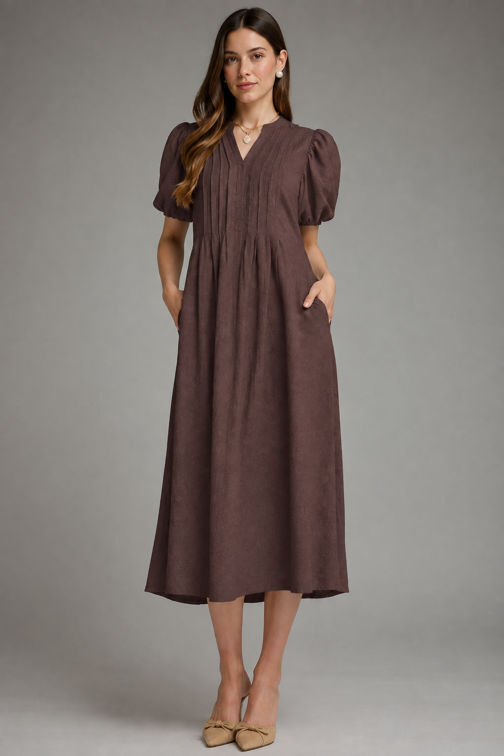 Puff Sleeve Midi Dress in Chocolate