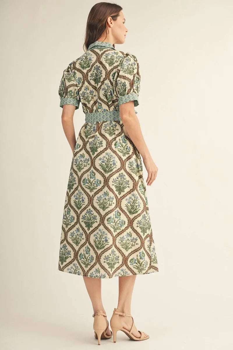 Natural Mix Midi Floral Tie Dress