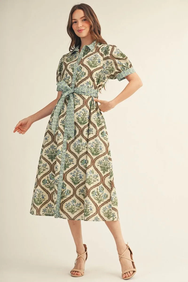 Natural Mix Midi Floral Tie Dress
