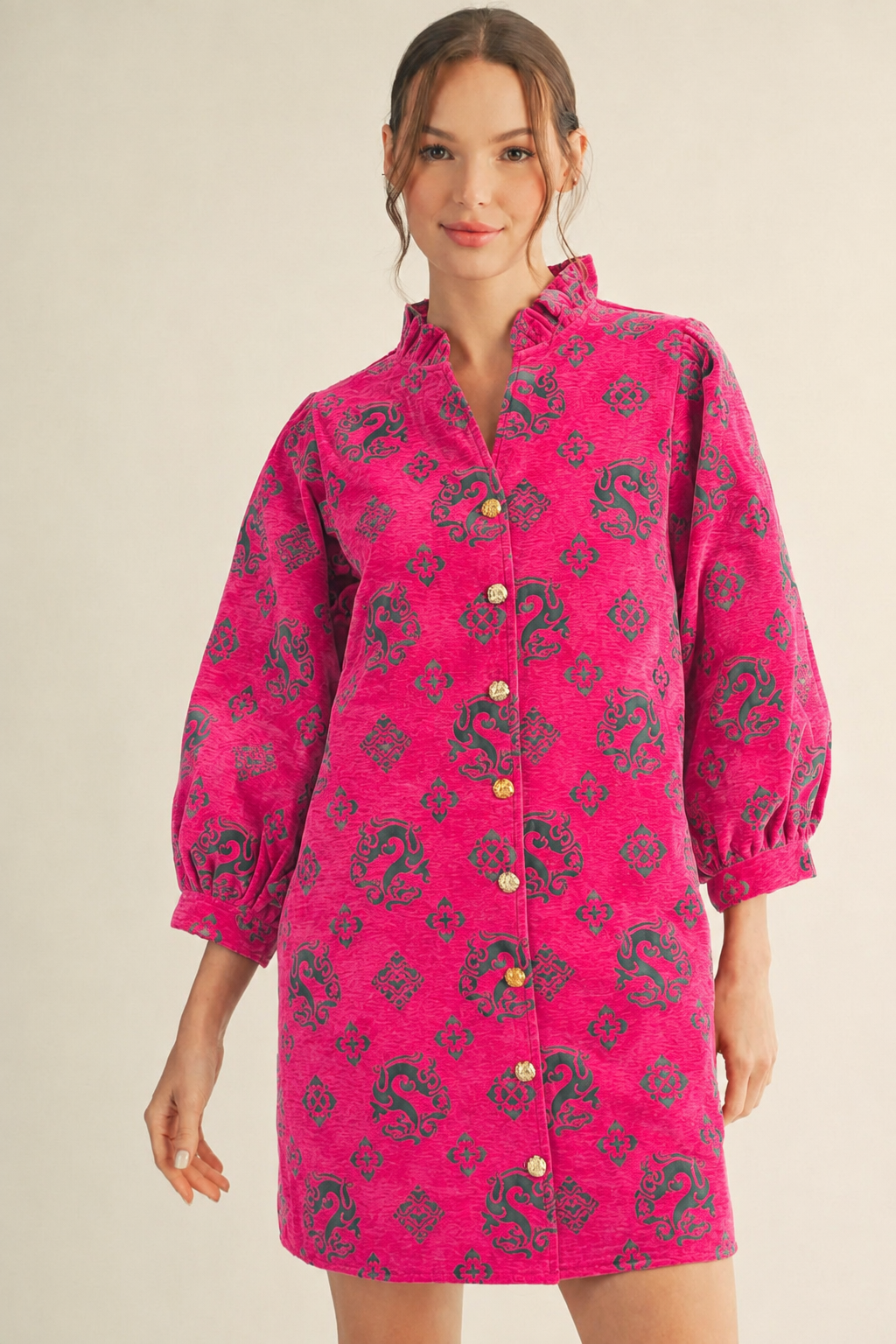 Pink and Green Button Down Jacquard Dress