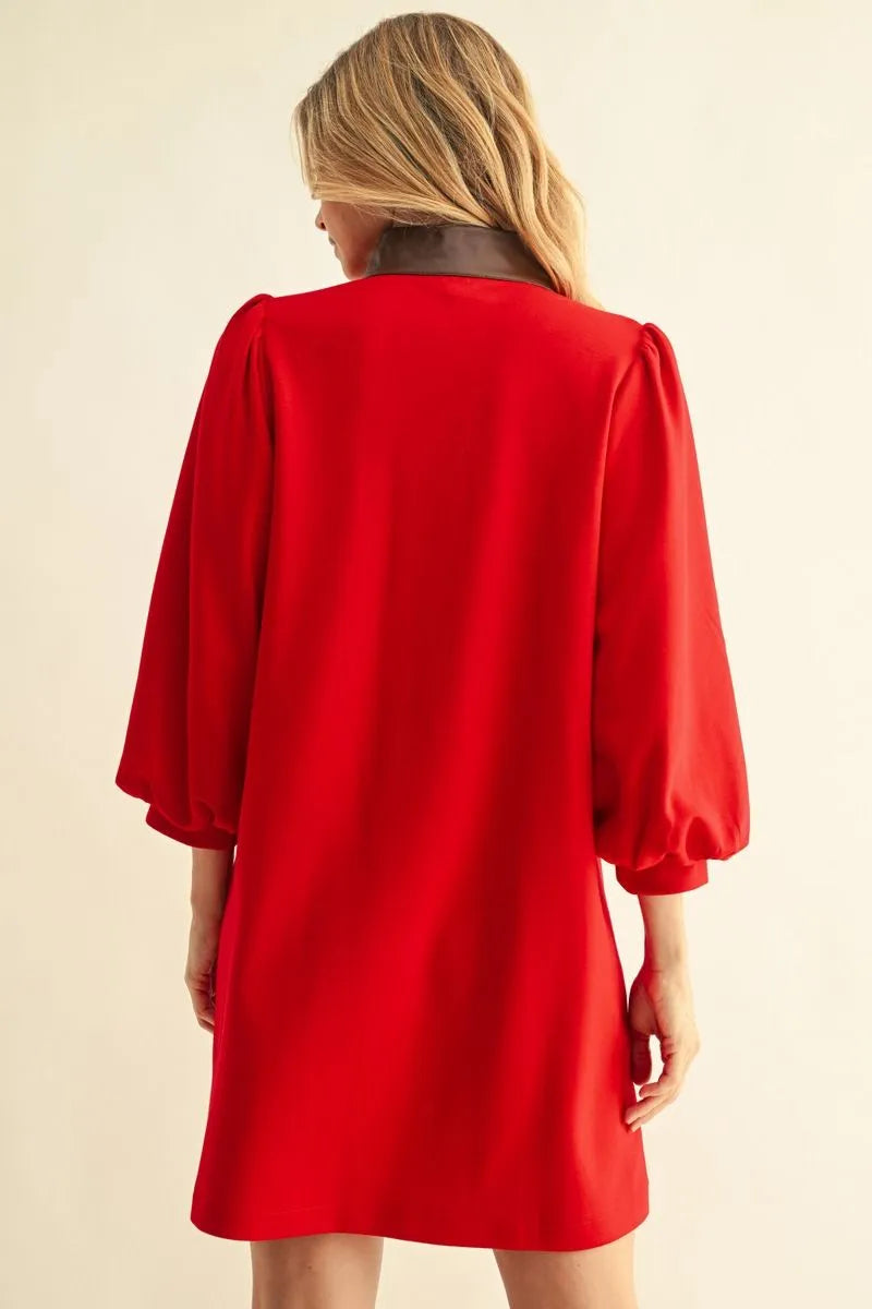 Faux Leather Puff Sleeve in Red