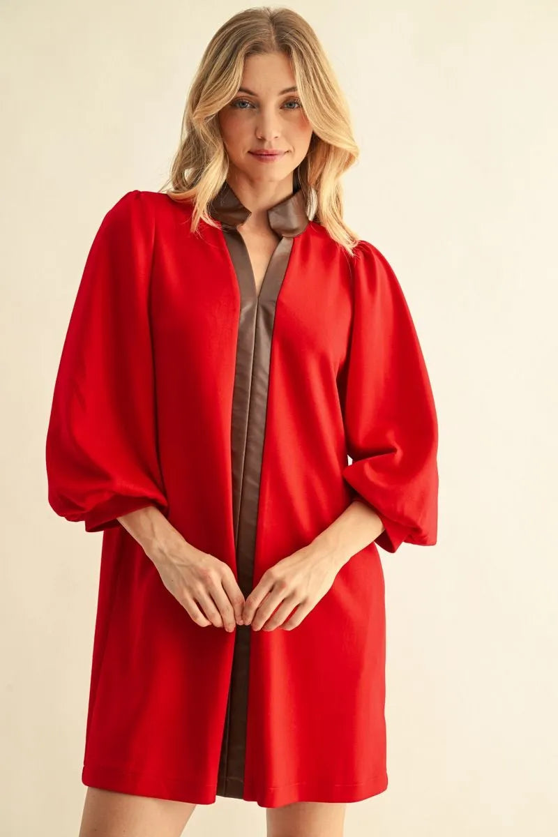 Faux Leather Puff Sleeve in Red