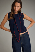 Knit Tie Neck Top in Navy and Red