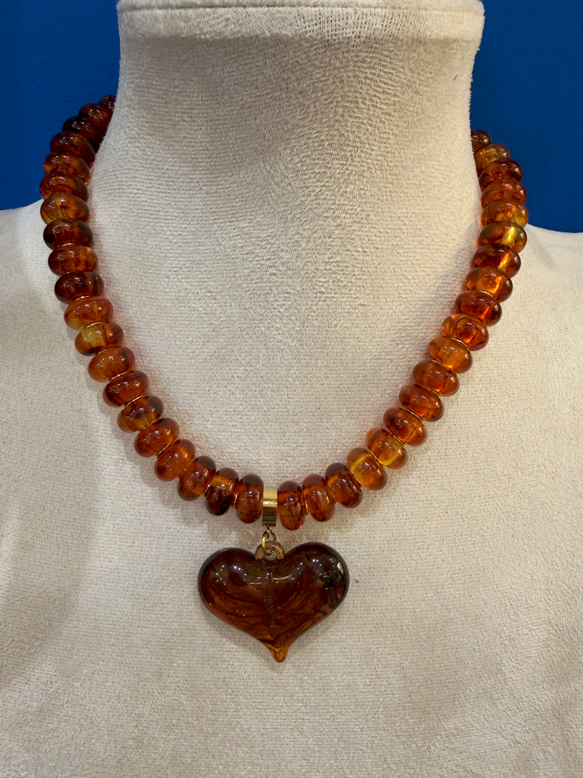 Amber Brown Heart Beaded Necklace