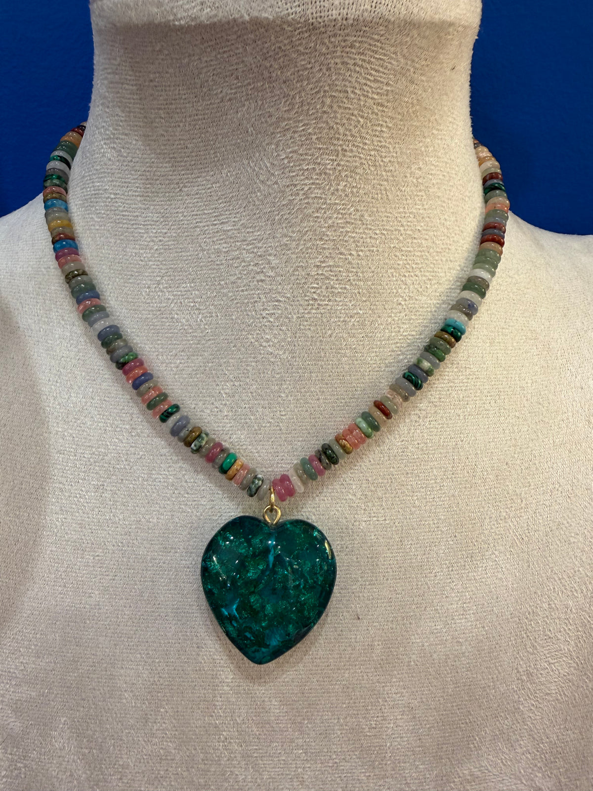 Multicolor Beaded Heart Necklace in Turquoise