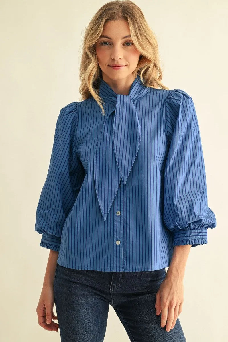 Blue Stripe Tie Neck Blouse