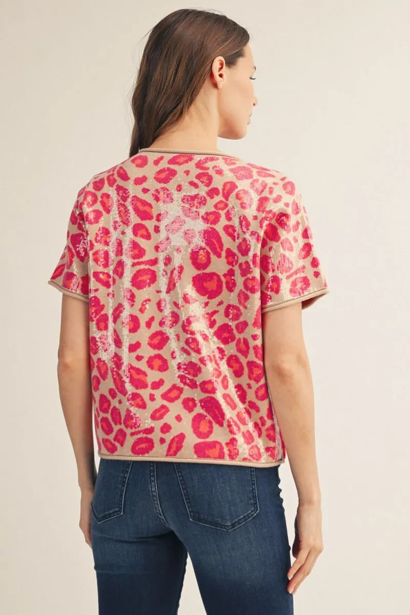 Sequin Leopard Print Sweater Top in Fuschia