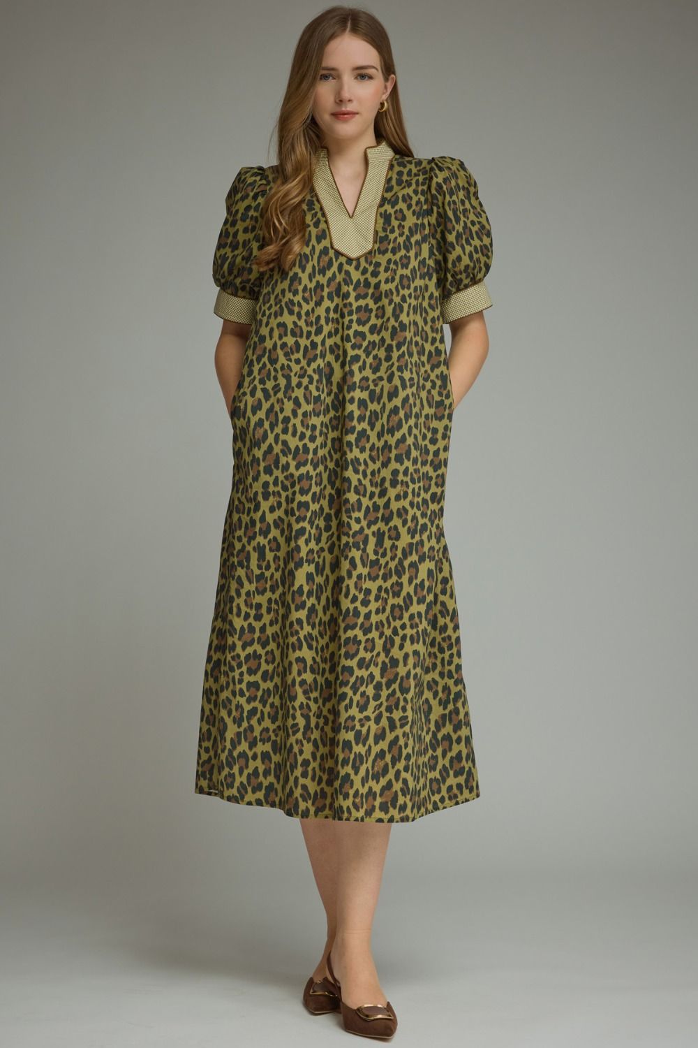 Leopard Puff Sleeve Midi Dress