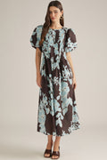 Blue Floral Puff Sleeve Midi Dress