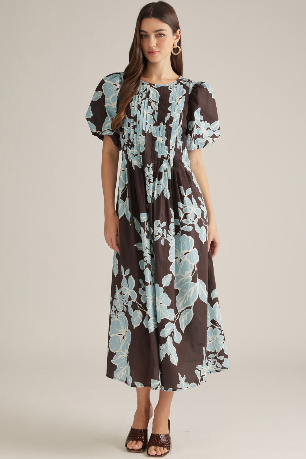 Blue Floral Puff Sleeve Midi Dress