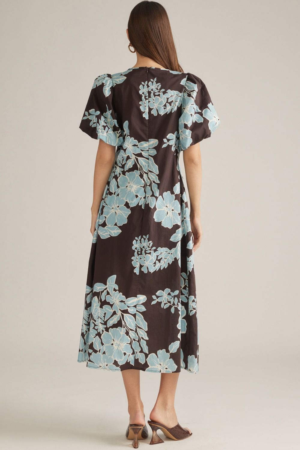 Blue Floral Puff Sleeve Midi Dress