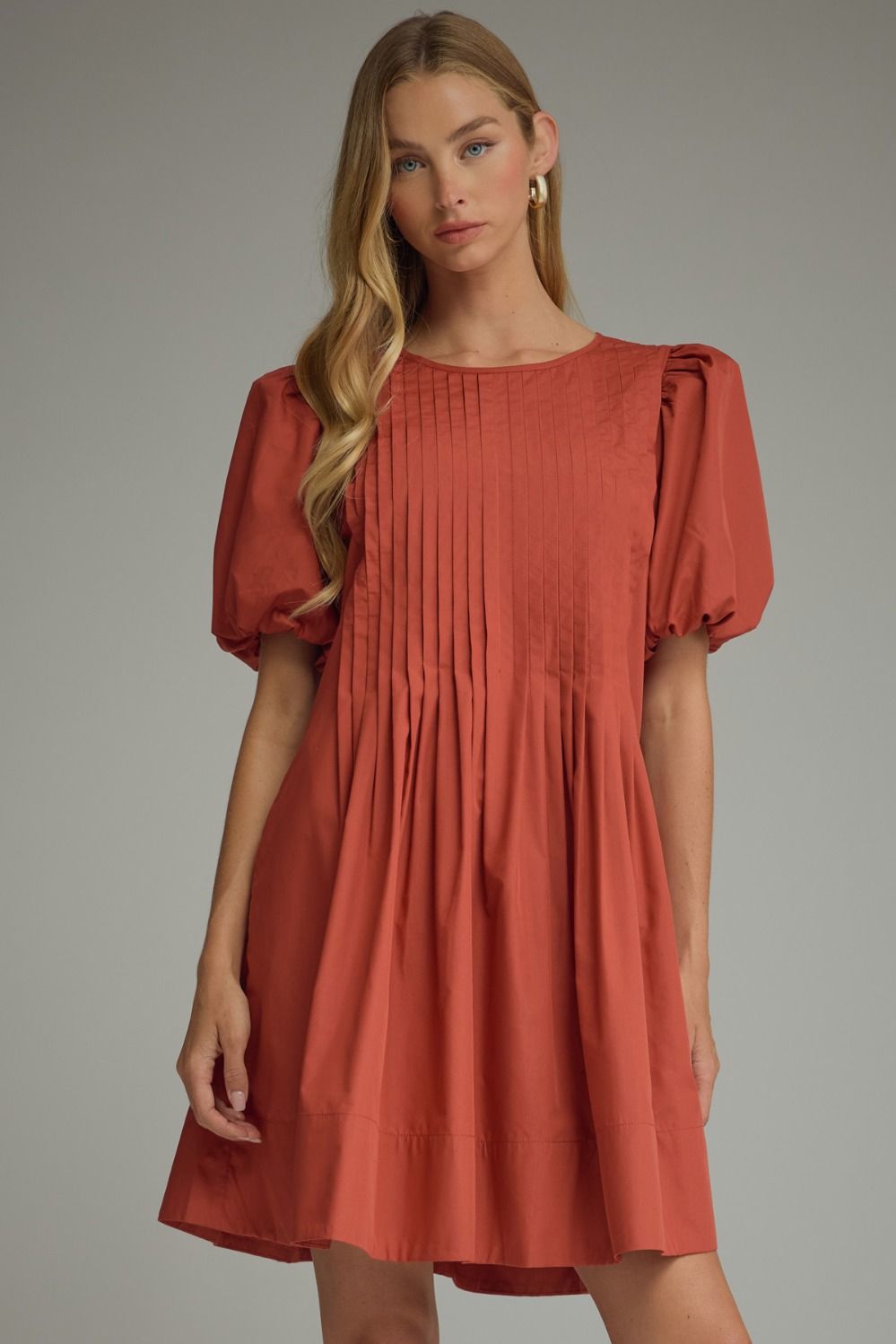 Pintuck Puff Sleeve Mini Dress