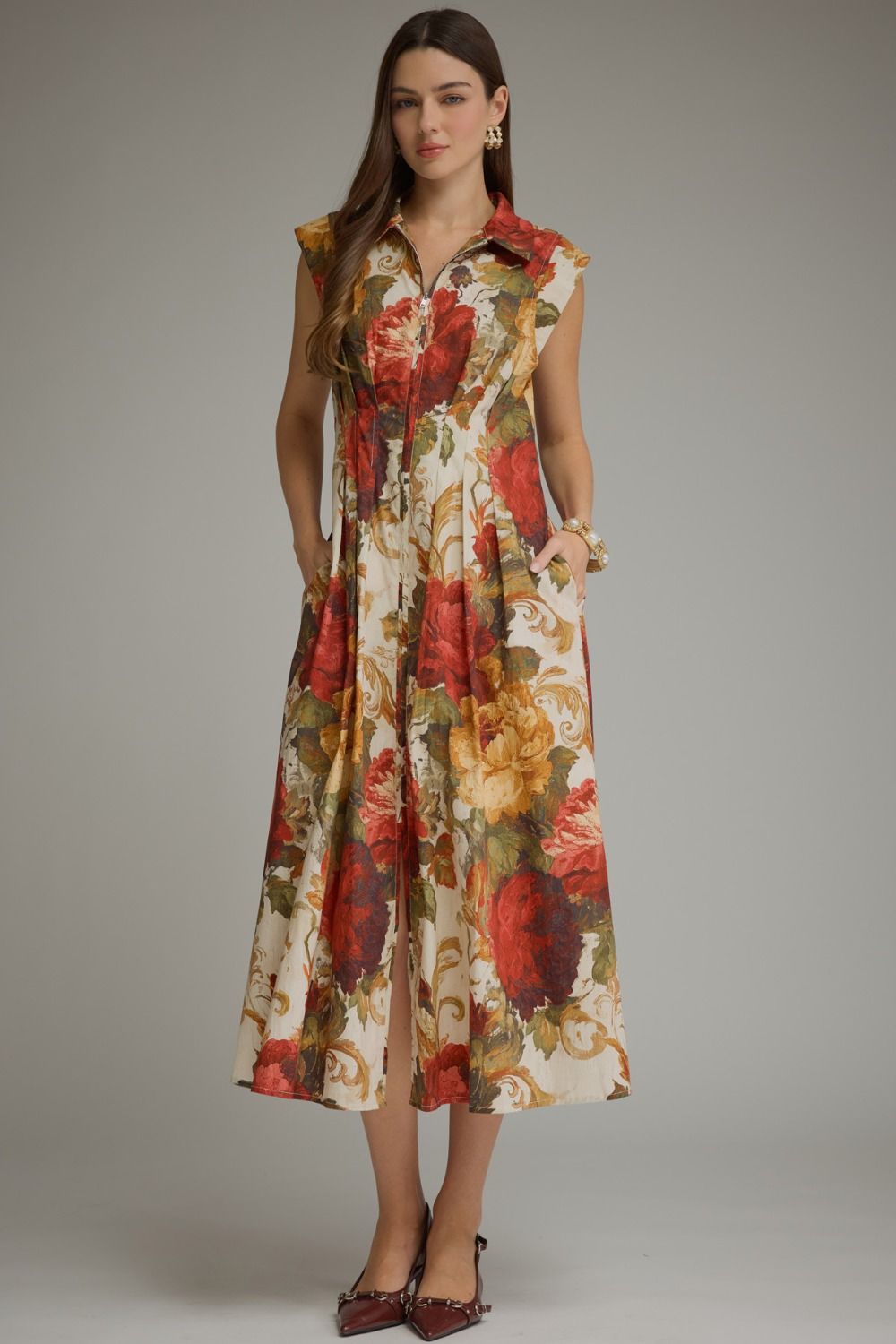 Floral Midi Zipper Dress