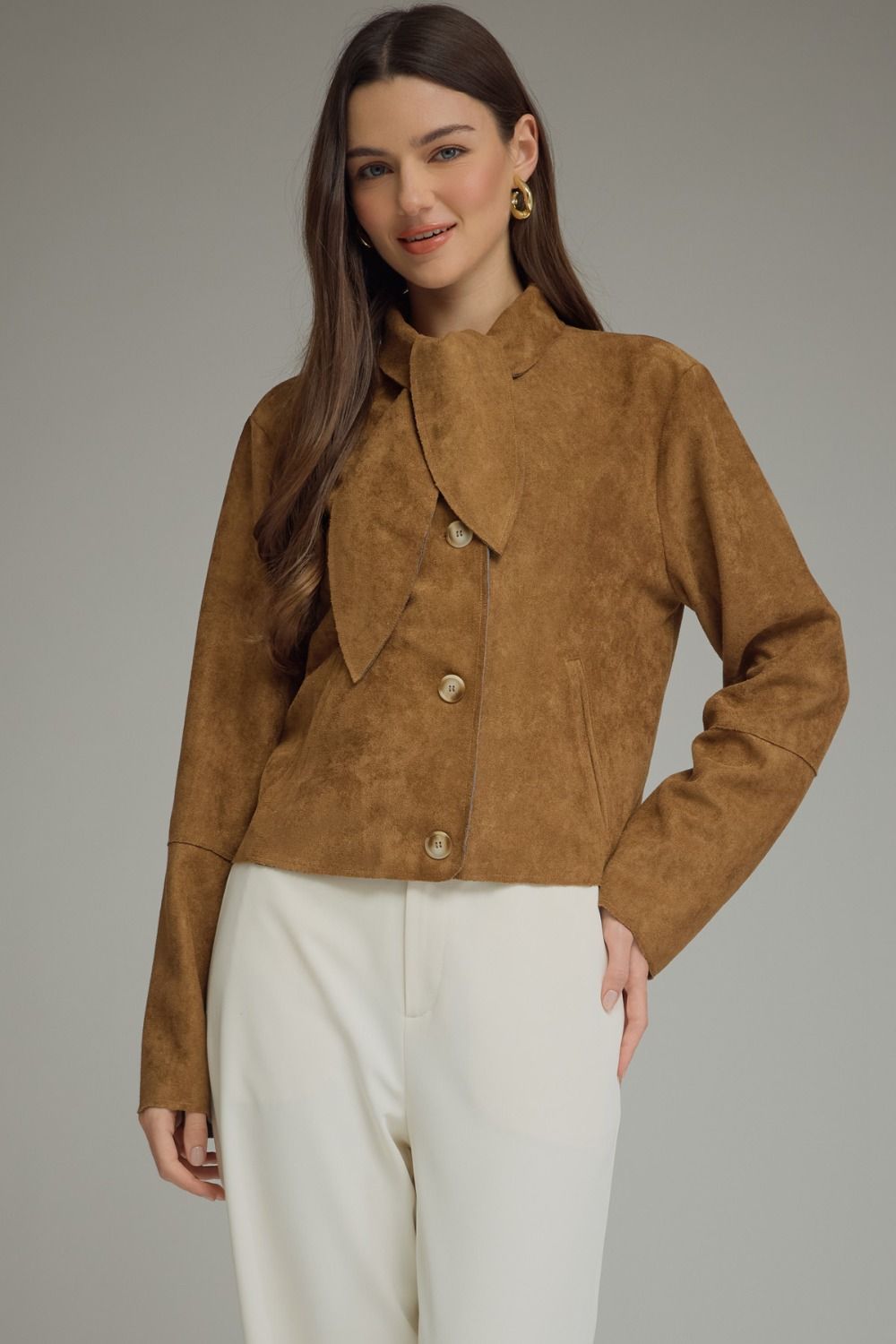 Tie Neck Suede Cropped Jacket