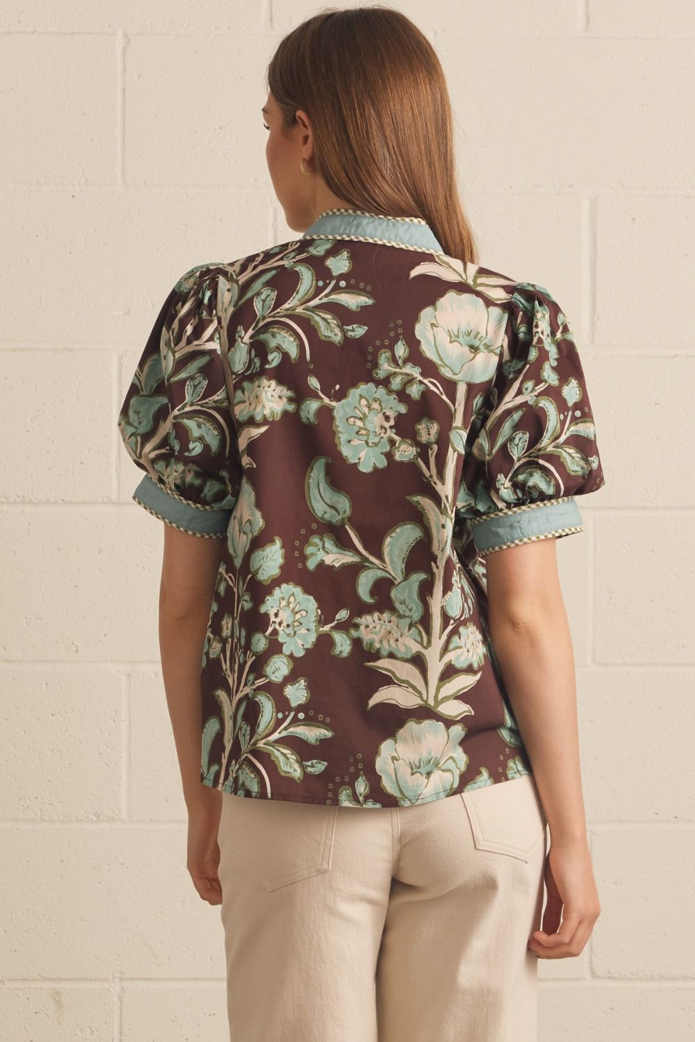 Floral Puff Sleeve Top in Chocolate