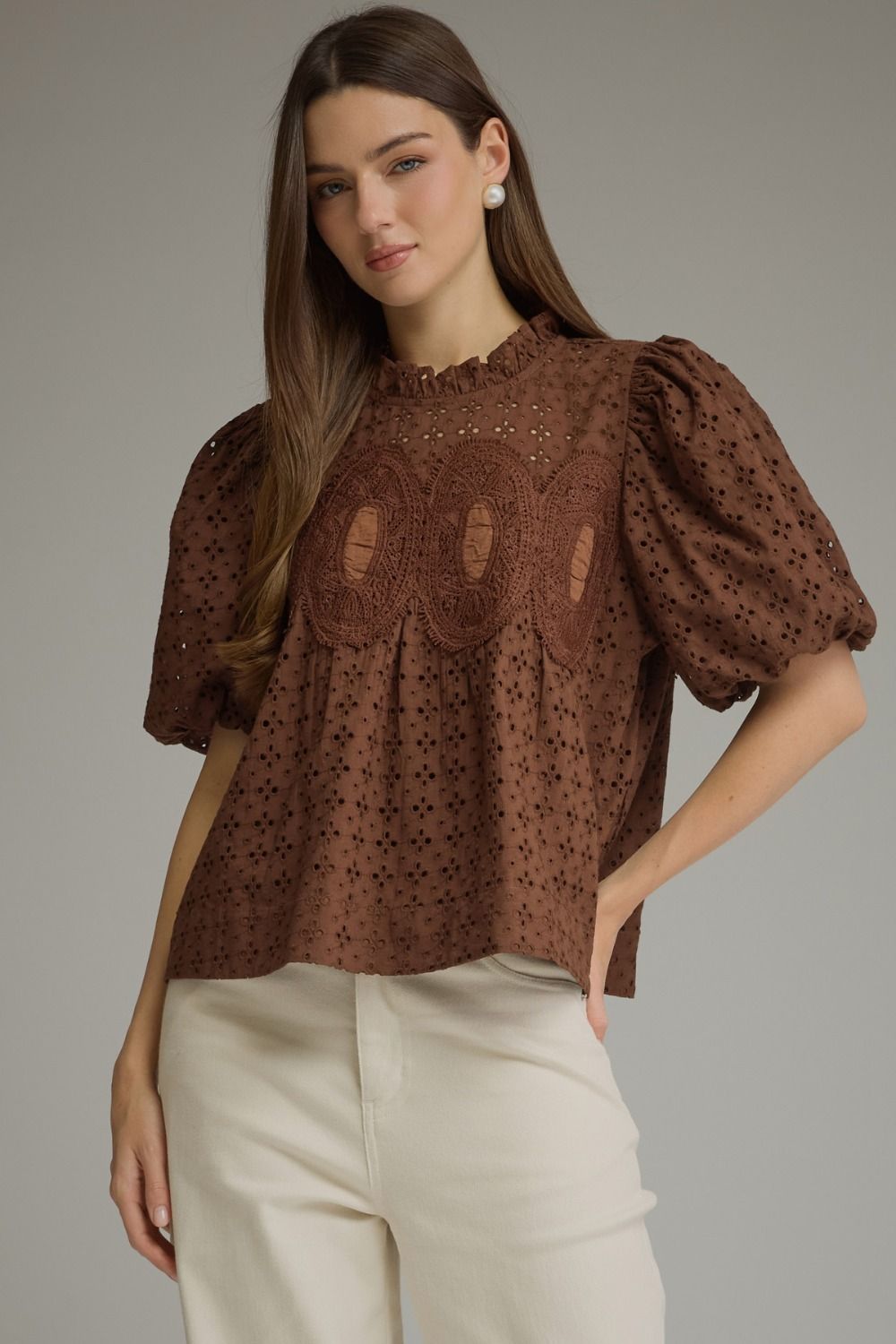 Eyelet Puff Sleeve Top in Brown