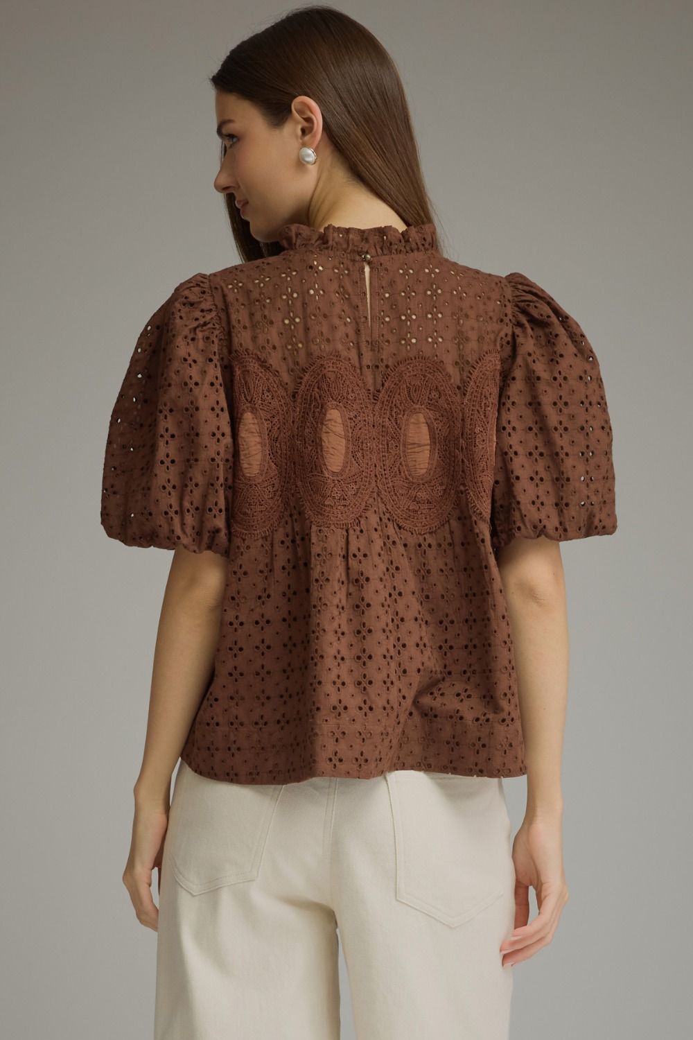 Eyelet Puff Sleeve Top in Brown