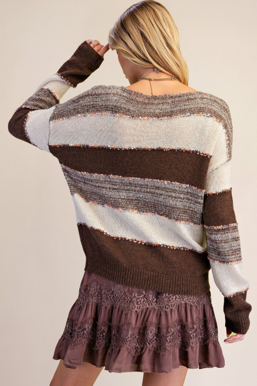 Striped Pattern Knitted Sweater in Ivory Mocha