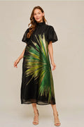 Green Metallic Printed Midi Dress
