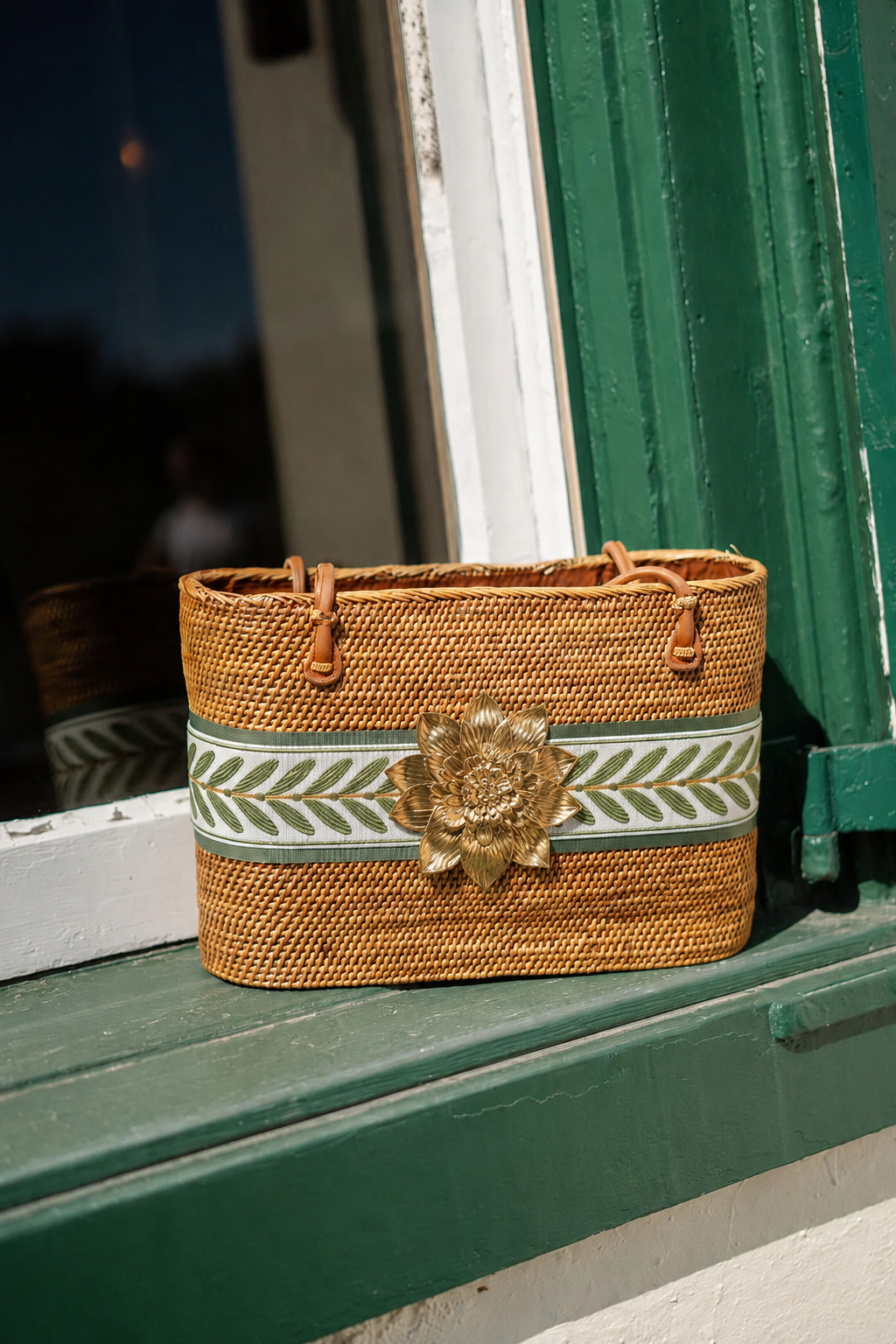 Charlotte Bag With Sage/Green Leaf Band and Magnolia Pendant