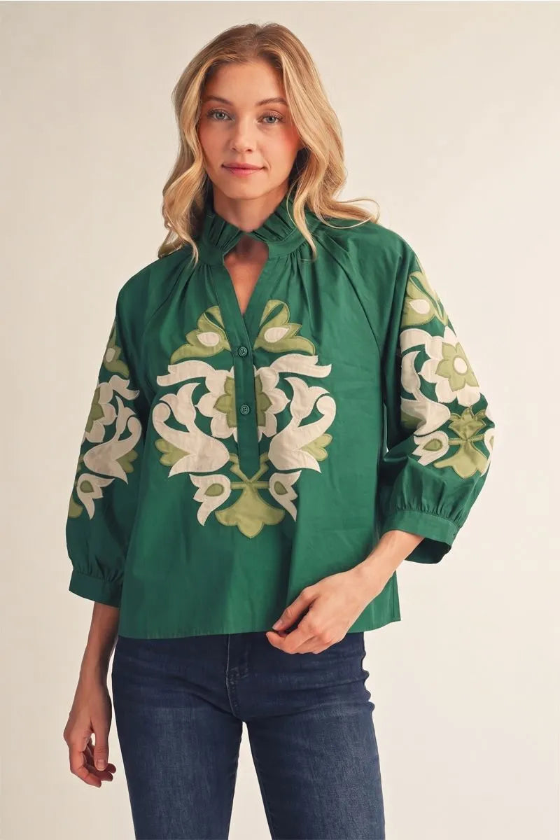 Button Up Appliqué Top in Hunter Green