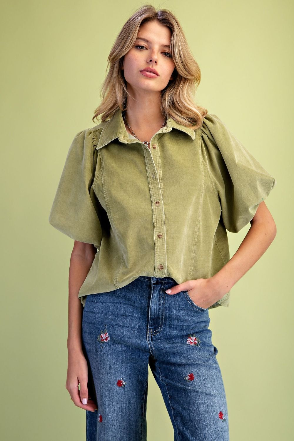 Corduroy Blouse in Green Tea